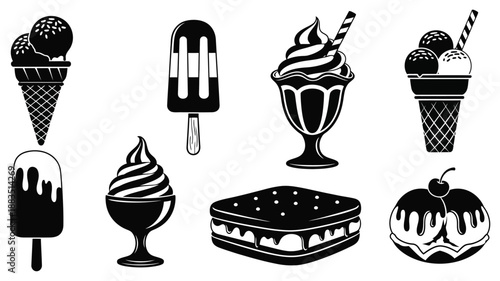 various ice cream treats and desserts displayed in a simple black and white vector design