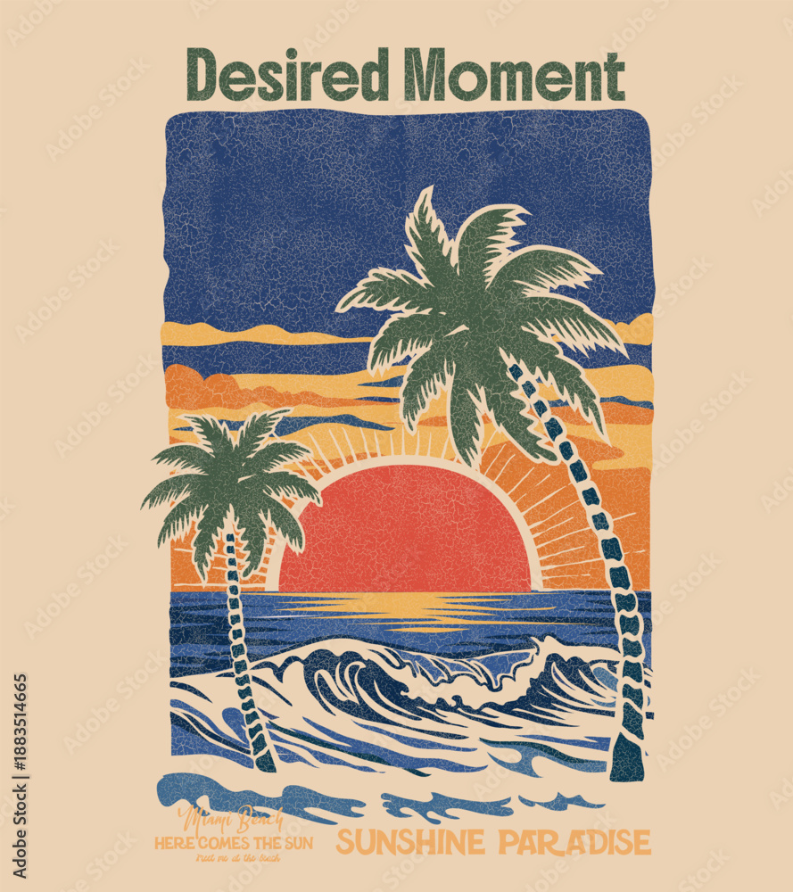 Fototapeta premium Summer T-shirt artwork. sunset time in beach. vintage grunge crack in this artwork. tropical palm tree with sun art. men's women's t-shirt sweatshirt design. girl's graphic tees