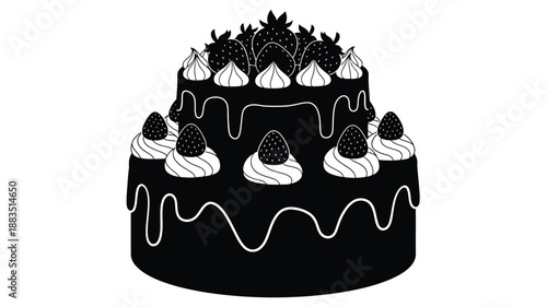 a black and white illustration of a multi tiered cake decorated with strawberries and cream