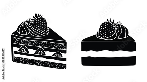 a black and white illustration of two slices of cake with strawberries