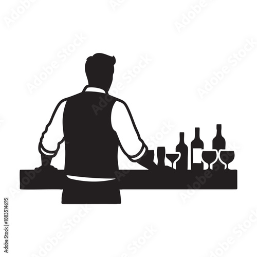 Silhouette of sommelier tasting wine with multiple bottles and glasses