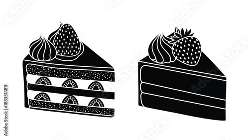 a black and white illustration of two layered cakes with strawberry toppings