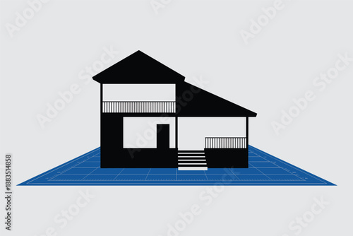 Modern House Silhouette on Blueprint Grid, architecture concept