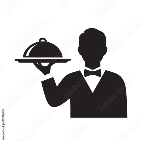 Waiter serving food with a covered tray isolated illustration