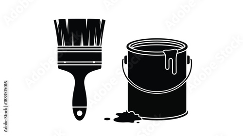 a simple illustration depicting a paintbrush and a paint can with spilled paint