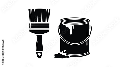 a simple black and white illustration of a paint brush and a paint can