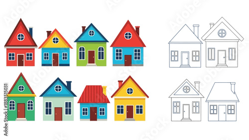 colorful houses and a line drawing of a house vector illustration