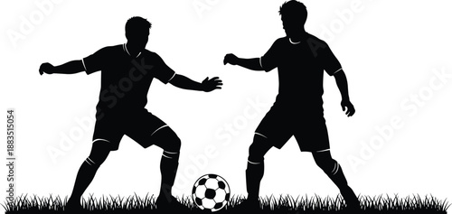 Two soccer players silhouette fighting for ball on grass field, football sport action illustration isolated on white