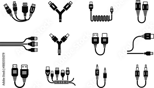 USB cable icon set in black silhouette style, different connectors and adapters vector collection isolated on white