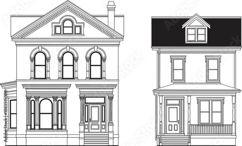 Vintage house exterior line art illustration set, detailed architectural facade drawings isolated on white background for design
