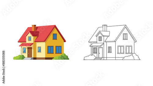 colorful and line art illustrations of a cozy house with windows and a chimney