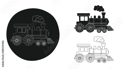 a black and white icon set depicting a vintage steam locomotive train