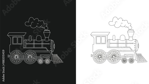 a detailed line drawing of a vintage steam locomotive train illustration