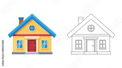 a colorful house illustration and a black and white outline drawing of a house