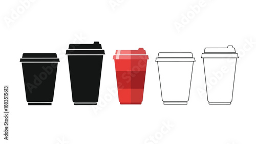 a set of coffee cups in black red and white colors arranged in a row