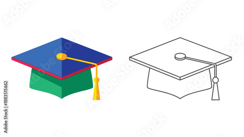 a colorful graduation cap and a simple outline illustration of a mortarboard