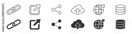 Link, External Link, Share, Cloud Upload, Global External Link, Database Icon Set. Web UI Symbols Collection. Connection, Redirect, Upload, Internet Access and Data Storage, Vector Illustration.
