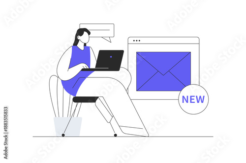Email service. Woman receives new letter notification in email client and opens envelope using laptop. Flat Cartoon Vector Illustration, icon Stylish abstract design landing page web