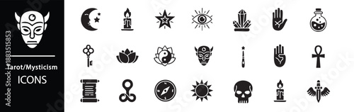 A collection of mystical and tarot icons in black and white