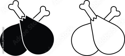 Set of grilled chicken icons, collection of roasted poultry and meat symbols, group of flat line vector illustrations, add drumstick, roast, barbecue, food menu design, black icon