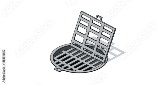 3D style illustration of an open round metal manhole cover with a square grate, used for street drainage systems.
