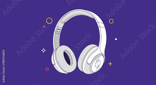 Modern white wireless headphones illustrated against a vibrant purple background with abstract decorative design elements.