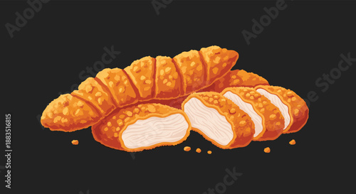 Delicious-looking illustration of crispy golden brown fried chicken nuggets, with one sliced to show the tender white meat.