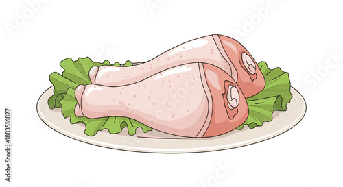 Two raw chicken legs or drumsticks arranged on a bed of fresh green lettuce on a white plate, ready for cooking.