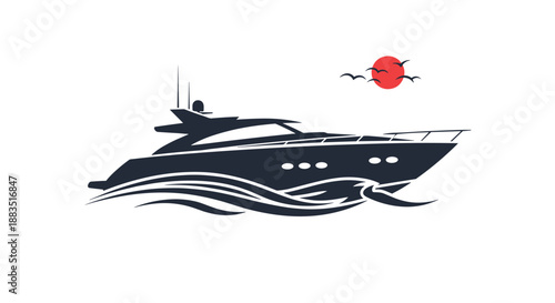 Stylish silhouette of a luxury yacht cruising on the water with waves, a red sun, and birds in the background.