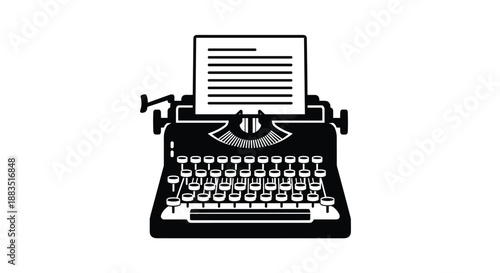 Classic black silhouette of a vintage manual typewriter with a sheet of paper, representing writing, journalism, and literature.
