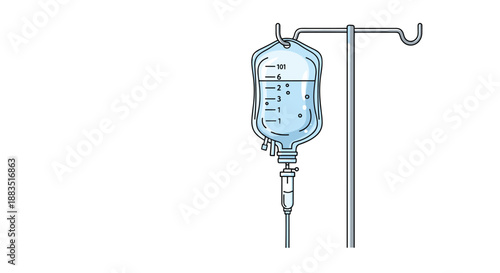 Medical illustration of an IV saline drip bag hanging on a metal stand, used for intravenous therapy in hospitals.