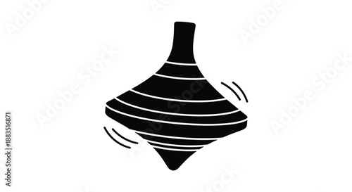 Black silhouette icon of a classic spinning top toy in motion, showing lines to indicate movement and rotation.