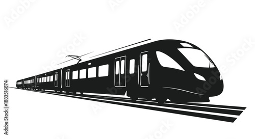 Dynamic black silhouette of a modern high-speed bullet train moving quickly along the tracks, seen from a low angle.