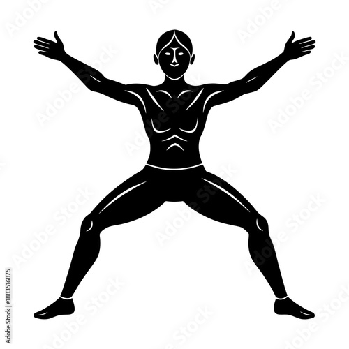 Black silhouette of warrior yoga pose, minimalist spiritual illustration