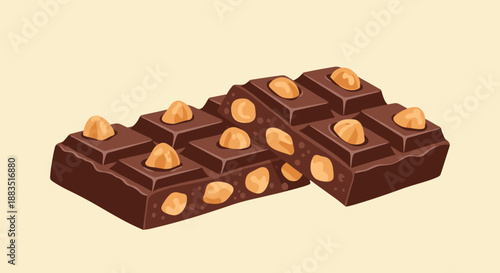 Delicious illustration of a broken milk chocolate bar filled with whole hazelnuts, shown on a light brown background.