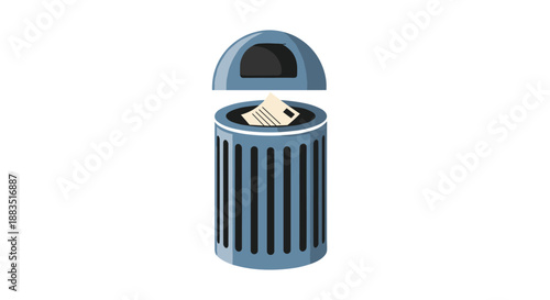 Simple vector illustration of a cylindrical outdoor public trash can with an open lid, containing a piece of paper.