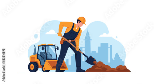 Construction worker in a hard hat and overalls digging with a shovel, with a backhoe and city skyline in the background.