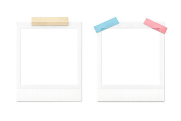 Instant film frame templates with blank space. Polaroid style borders fixed with colorful adhesive tape on a transparent background