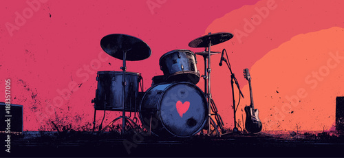 Drummer performing on a city rooftop at sunset, playing a song about love. Drummer playing love song on urban rooftop