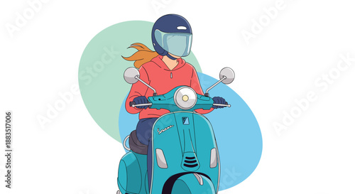 A stylish young woman with blonde hair wearing a helmet and casual clothes while riding a classic blue scooter.