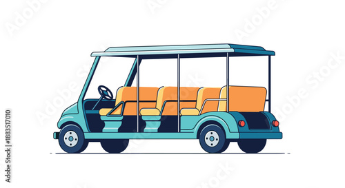 A cartoon illustration of a light blue multi-passenger electric shuttle cart or golf cart, used at resorts or airports.