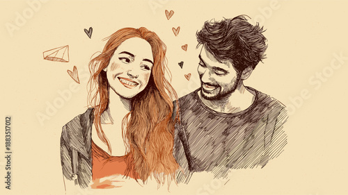 Smiling cartoon boy and girl with red hearts floating above them, depicting true love. Happy cartoon couple showing love and affection