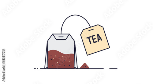 Simple line art illustration of a tea bag with a tag that says TEA, steeping in hot water, with a simple design.