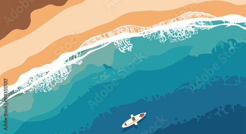 Aerial top-down view of a beautiful sandy beach with ocean waves and a lone kayaker on the turquoise water.