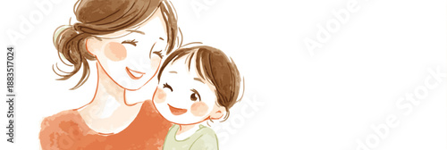 Watercolor illustration depicting a mother embracing her happy child with warmth and care. Mother and child smiling showing love and connection