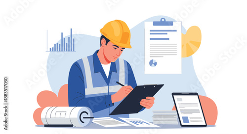 A construction inspector or engineer in a hard hat reviewing documents on a clipboard, with charts and plans around him.