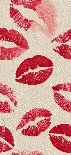 Red lipstick kiss marks covering a cream textured paper surface, creating a playful pattern. Red lipstick kiss marks seamless pattern on textured paper