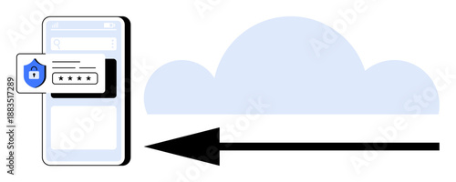 Data security concept. Data transfer between smartphone and cloud storage with encryption. Data presented in secure environments. For cybersecurity, cloud storage, data sharing, encryption, mobile