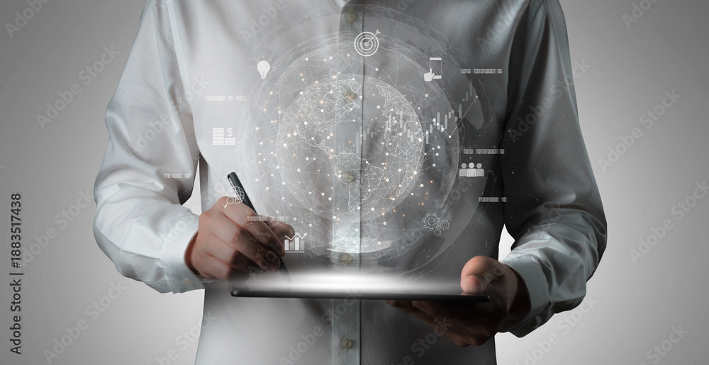 Obraz premium Global business network connecting digital economy and data exchange. Global business expands market, business shares data, global drives finance, and global business supports insight. Vouch