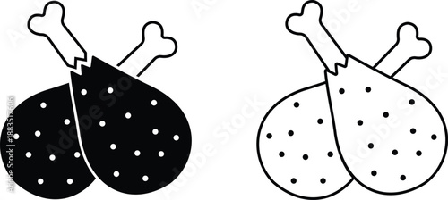 Set of grilled chicken icons, collection of roasted poultry and meat symbols, group of flat line vector illustrations, add drumstick, roast, barbecue, food menu design, black icon